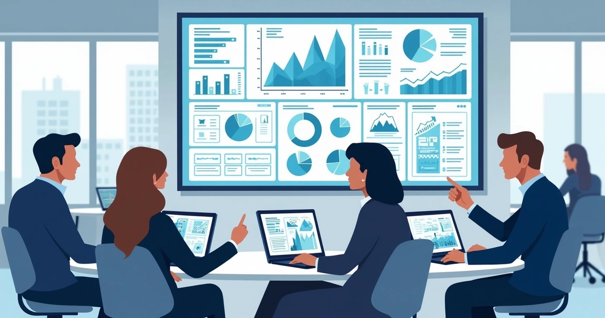 Executivos analisando gráficos em planilhas digitais