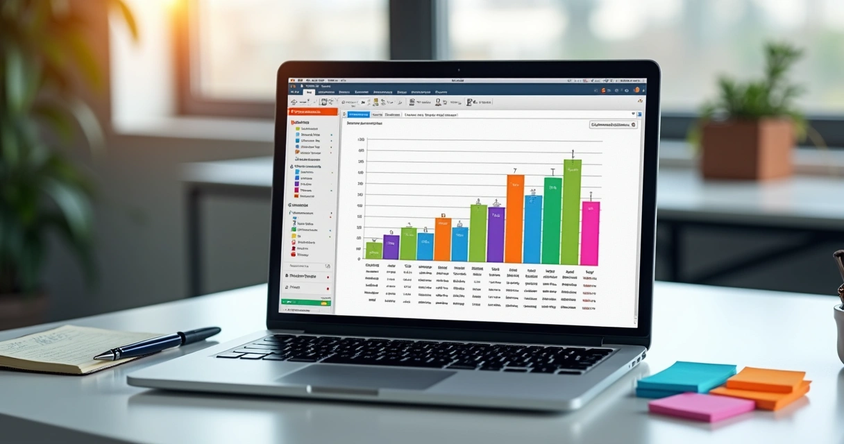 Planilha financeira customizada em notebook, ao lado de anotações à mão e indicadores coloridos.