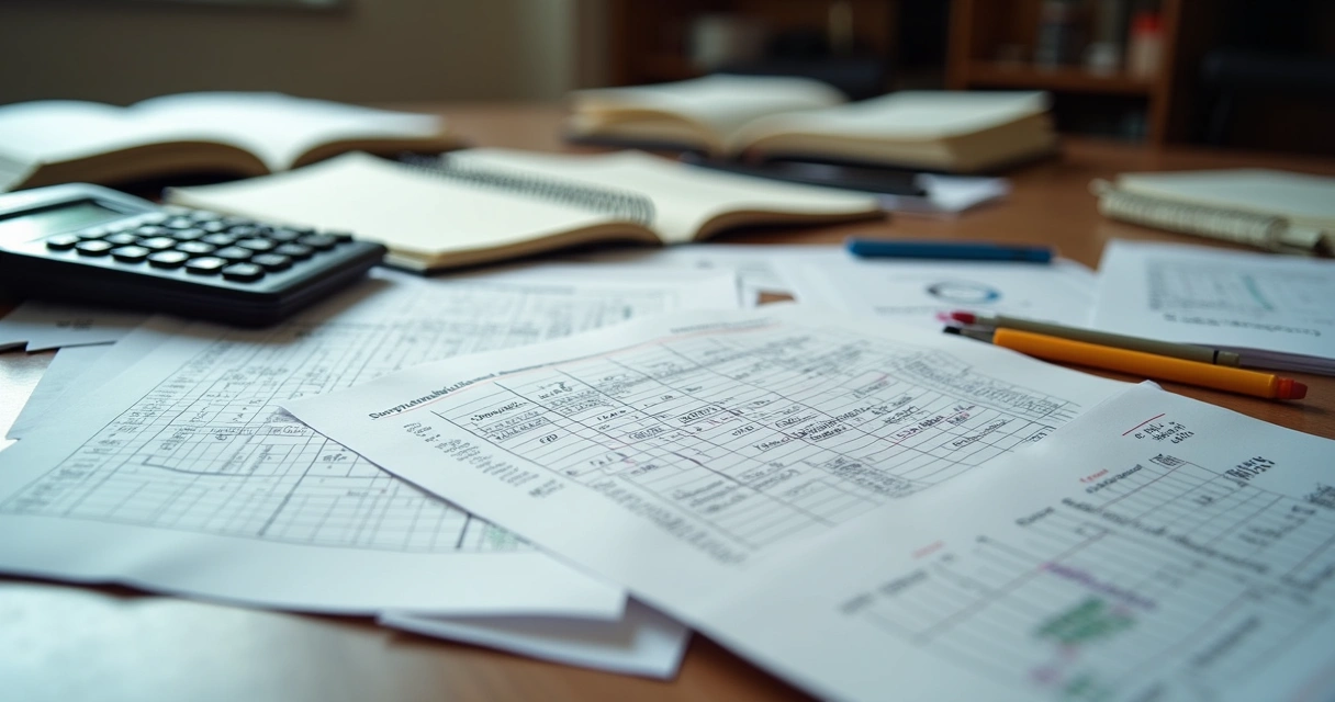 Mesa repleta de anotações em planilhas de papel e caderno de vendas 