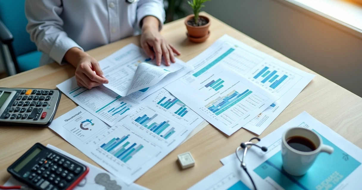 Planilha financeira sobre mesa de clínica 