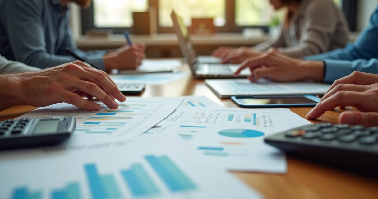 Planilhas de finanças analisadas em mesa de escritório