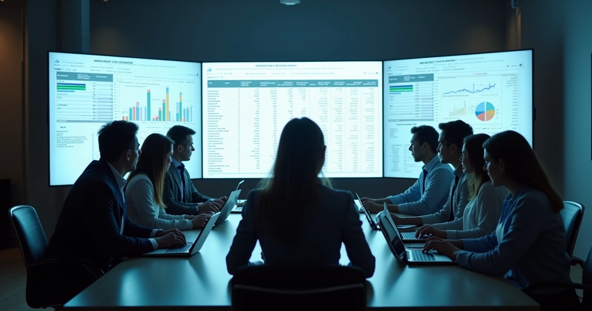 Equipe de negócios olhando planilhas em telas diferentes na sala de reunião 