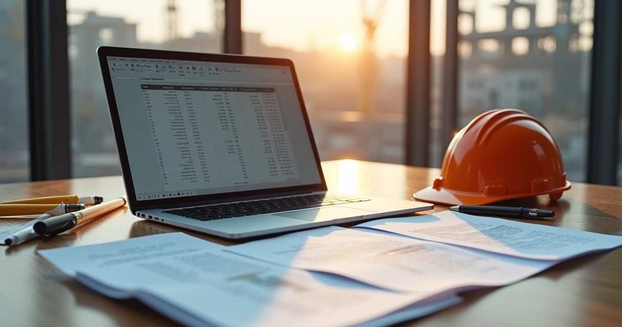 Planilhas abertas sobre mesa com papéis de obra 