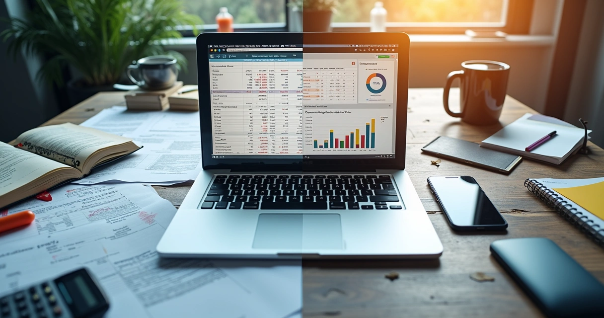 Comparação entre planilhas manuais em papel e sistema automatizado de gestão fiscal na tela do notebook 