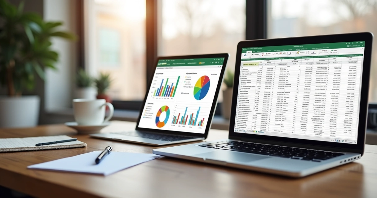 Mesa com laptop aberto mostrando planilhas financeiras e ao lado tablet com software financeiro exibindo gráficos coloridos 