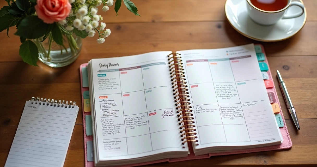 Página do planner com abas coloridas, listas e devocionais 