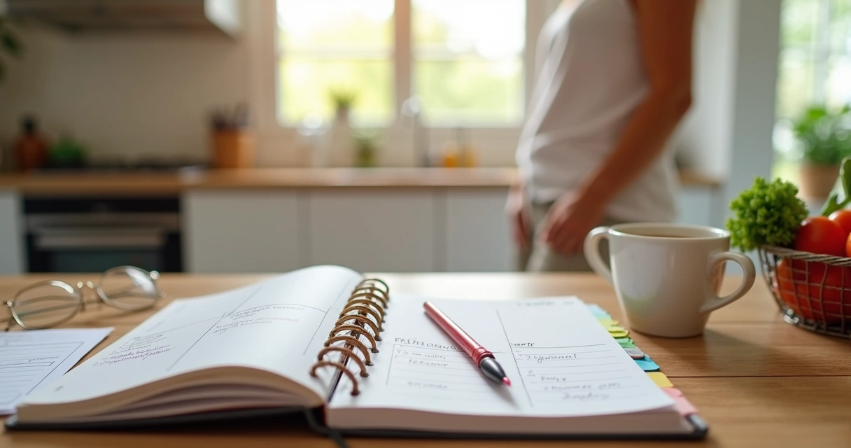 Planner aberto em mesa de cozinha com dona de casa organizando a semana 