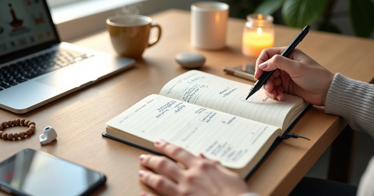 Pessoa organizando metas conscientes em planner ao lado de itens de meditação e tecnologia 