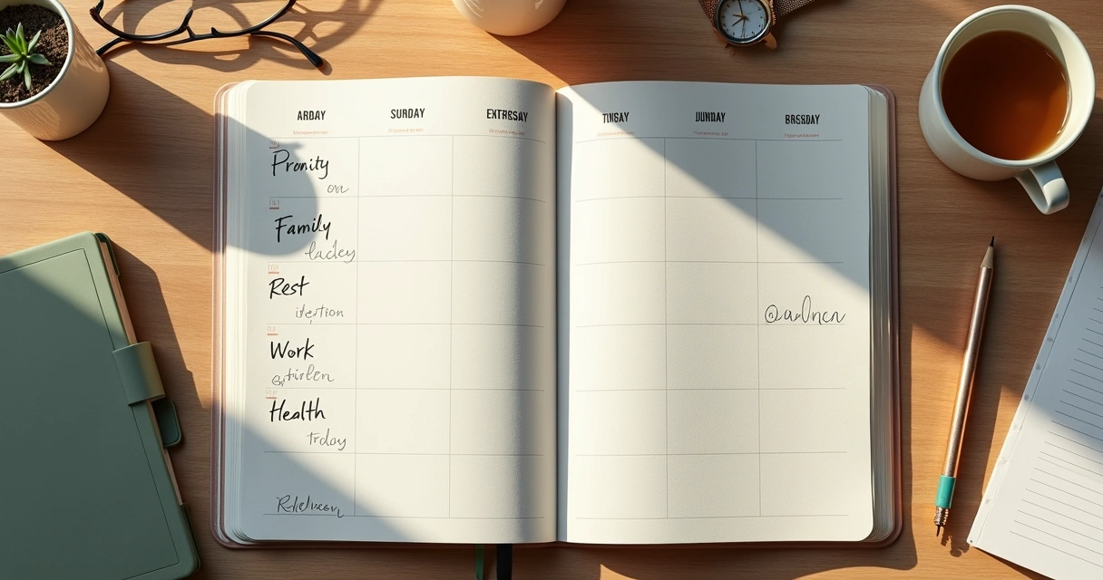 Open planner with written priorities beside a cup of tea and a watch