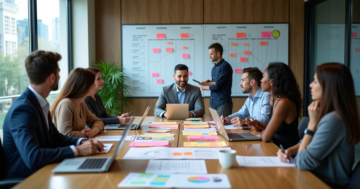Brainstorming session with diverse business team at table with planning charts 