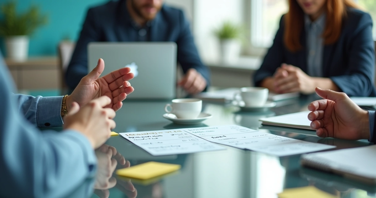 Profissionais mostrando cartas de Planning Poker e discutindo em reunião 