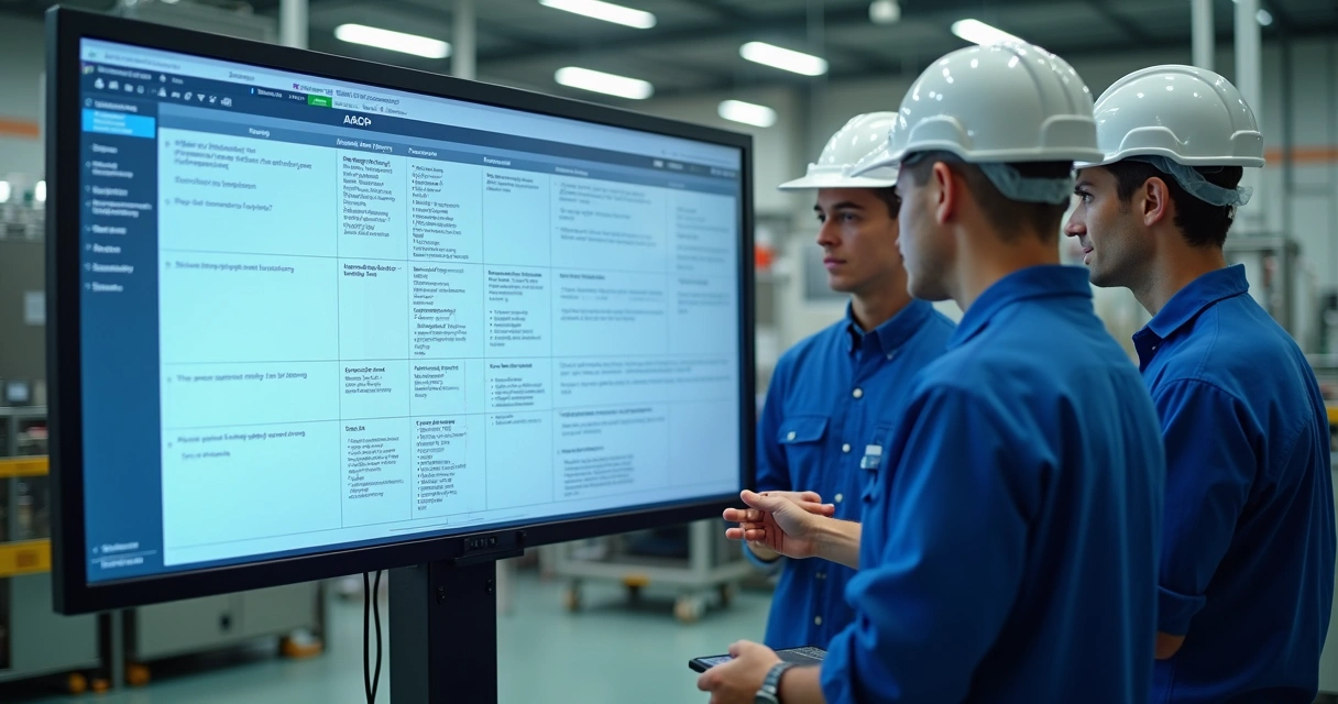 Gestor revendo plano de ação digital na tela, ao lado da equipe em fábrica de alimentos 