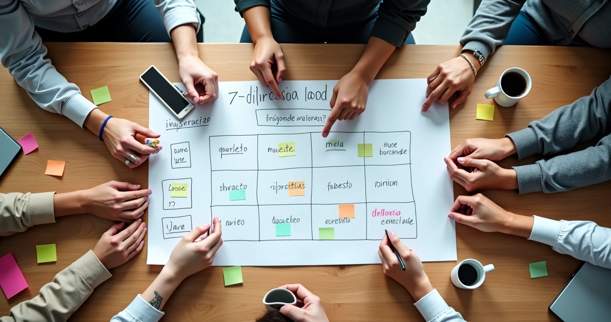 Quadro branco com plano de ação escrito, ao redor pessoas apontando marcos-chave e datas 