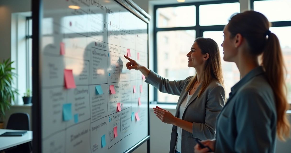 Plano de ação detalhado em quadro branco de escritório 