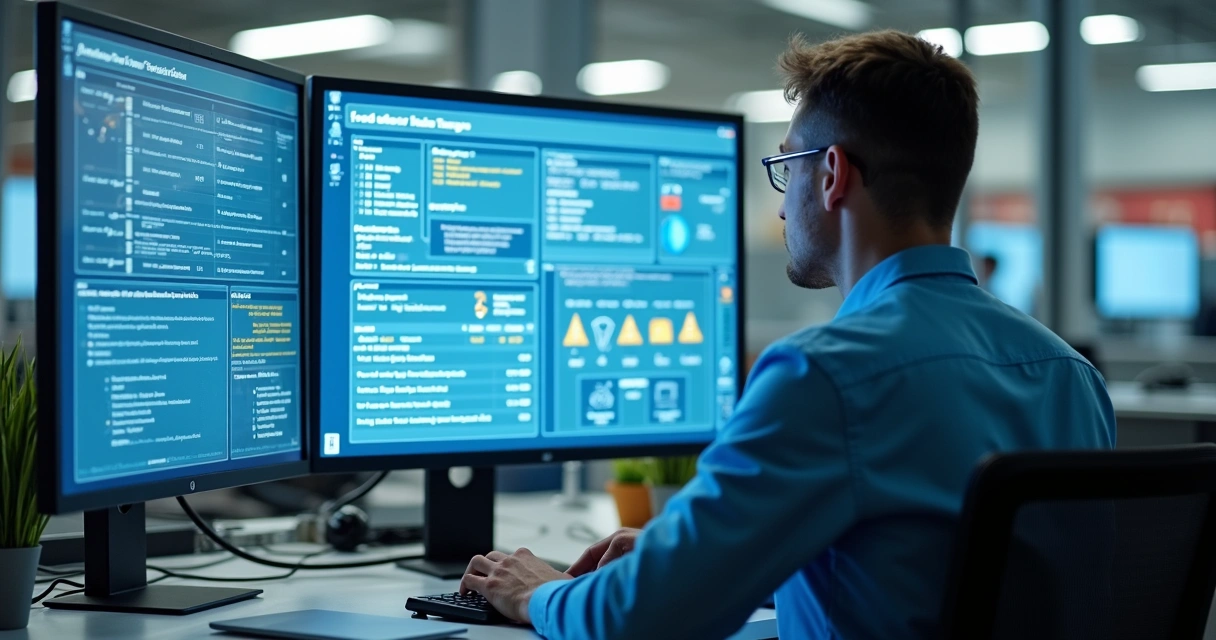 Gestor analisando plano de ação digital em tela de computador 