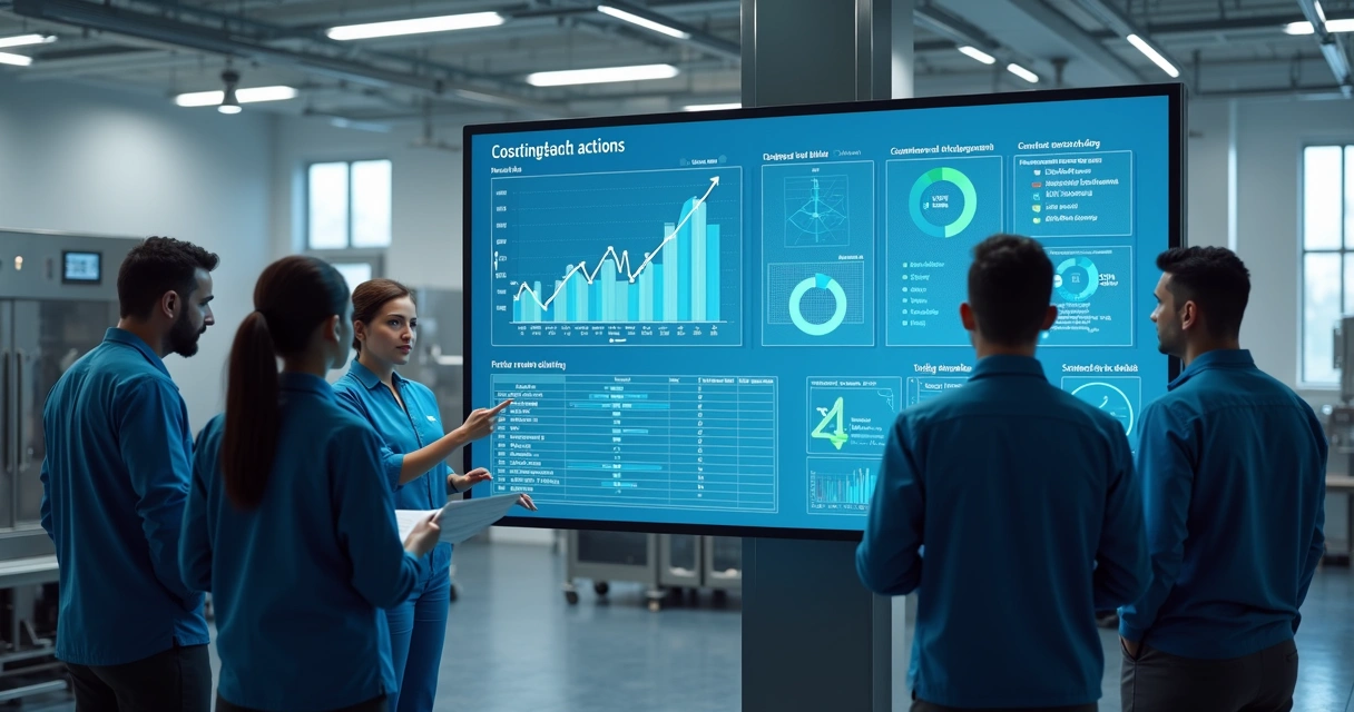 Equipe analisando painel digital com indicadores de fábrica 