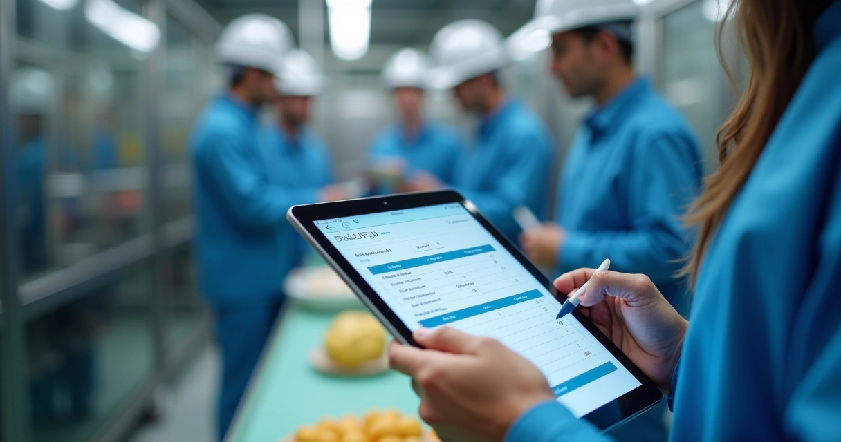 Gestor preenchendo plano de ação após auditoria em fábrica de alimentos 