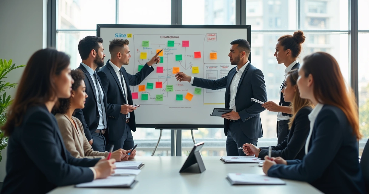 Equipe de servidores públicos discutindo um quadro de planejamento com post-its e fluxogramas de dados 