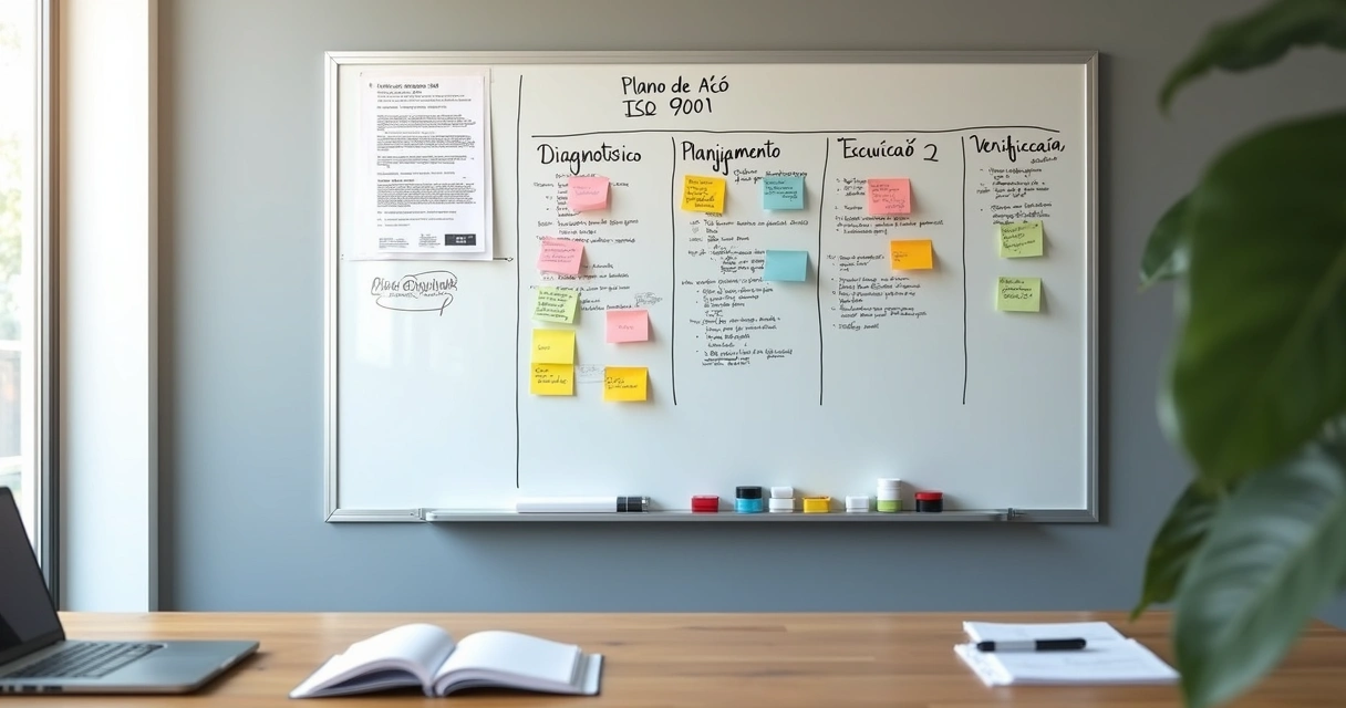 Quadro kanban colorido com plano de ação ISO 9001 organizado por etapas 
