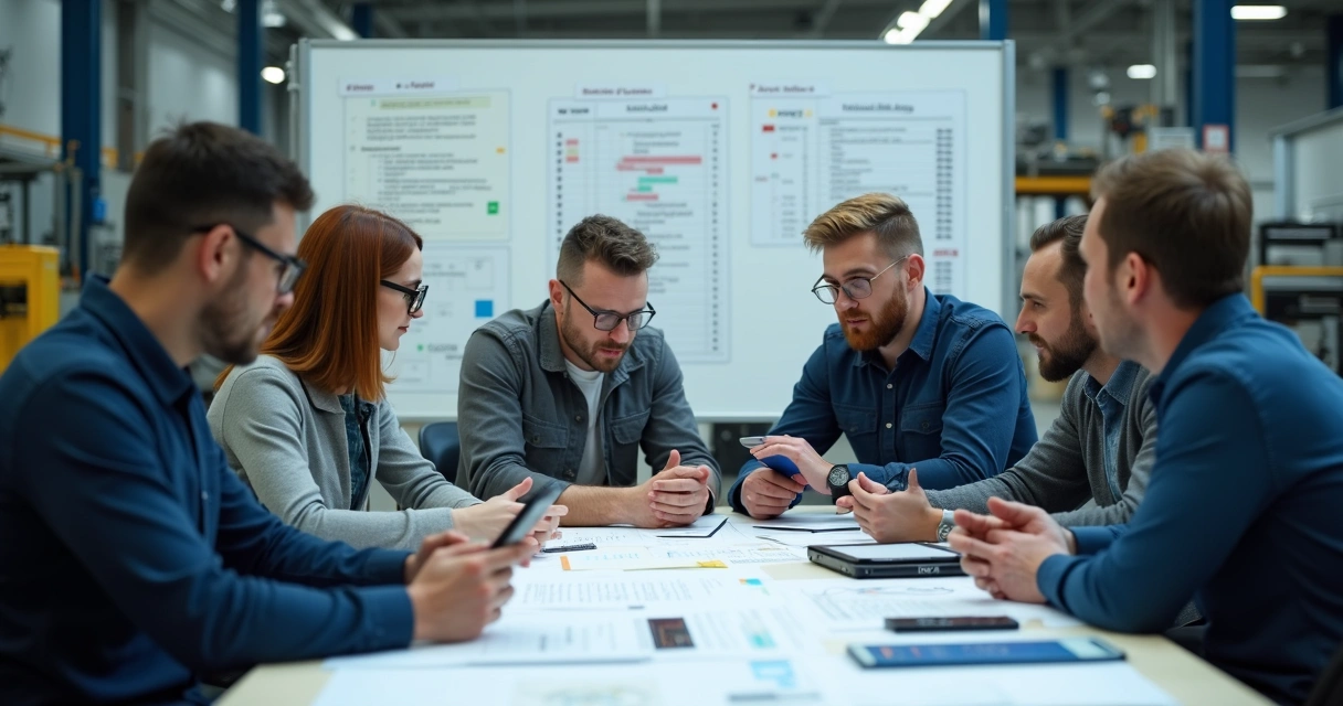 Equipe de manutenção discutindo plano de ação em reunião 