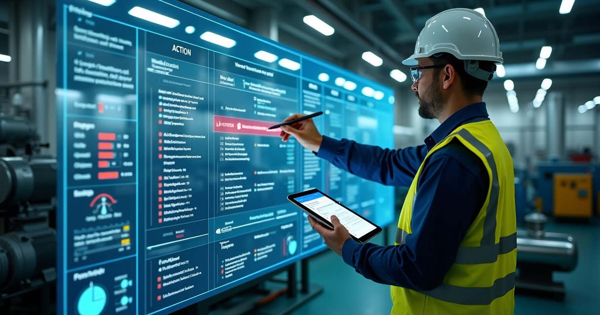 Gestor analisando painel de plano de ação em fábrica industrial 