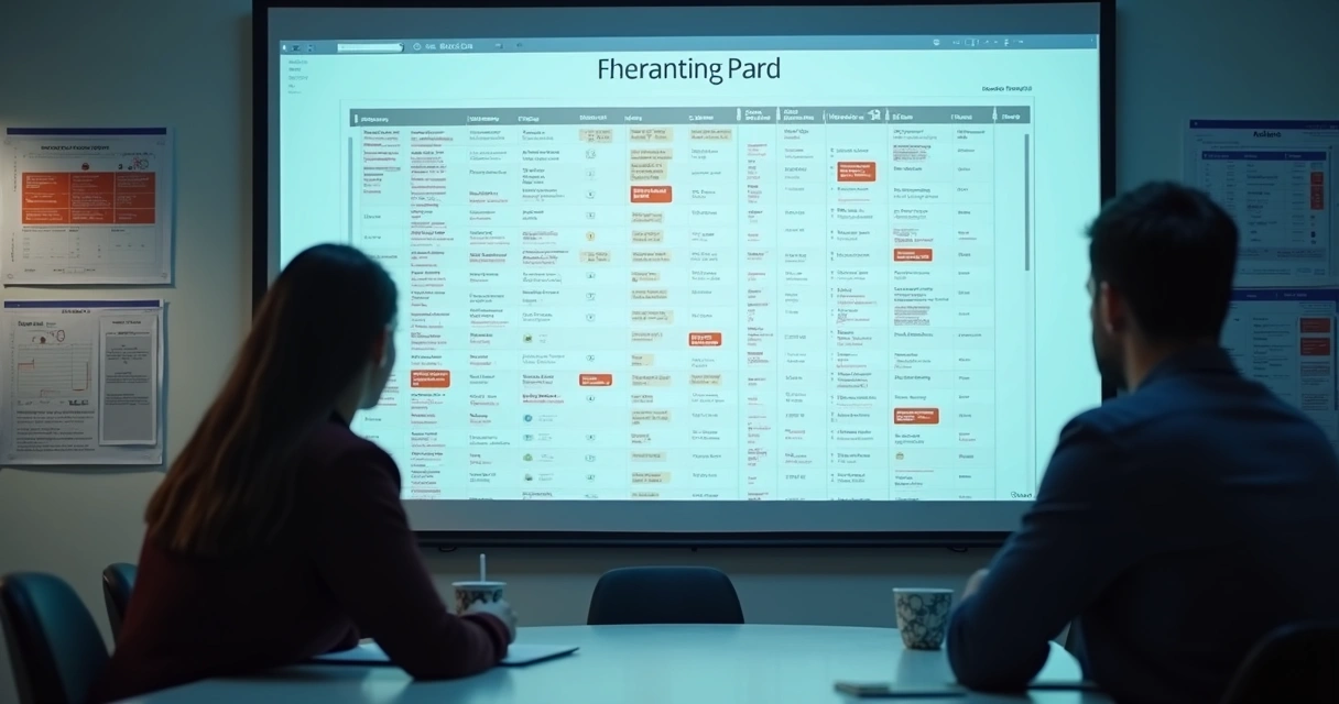 Quadro de tarefas digitais com tarefas em atraso e equipe reunida olhando