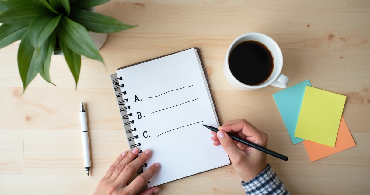 Mão escrevendo lista de ações em caderno branco