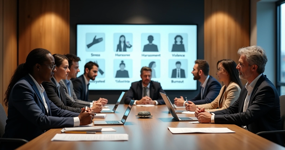 Reunião de equipe elaborando plano de ação em segurança do trabalho 