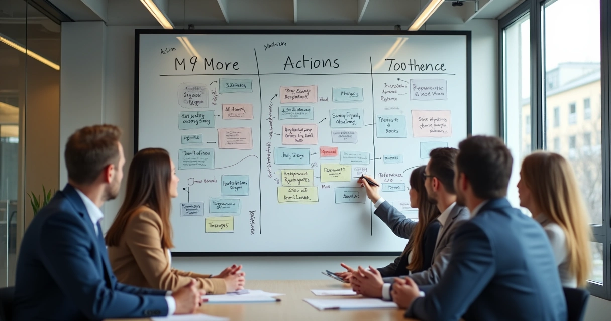 Equipe comercial em reunião olhando plano de ação detalhado na parede 