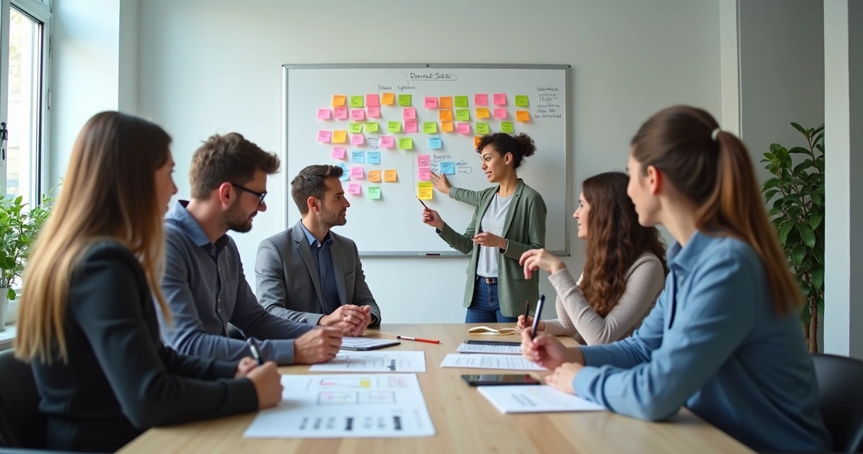 Equipe ajustando plano em quadro branco, discutindo juntos 