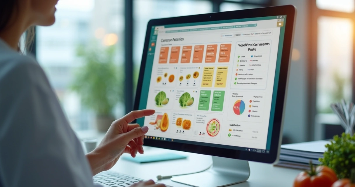 Tela de plano alimentar digital personalizado para paciente oncológico, gráficos coloridos de nutrientes 