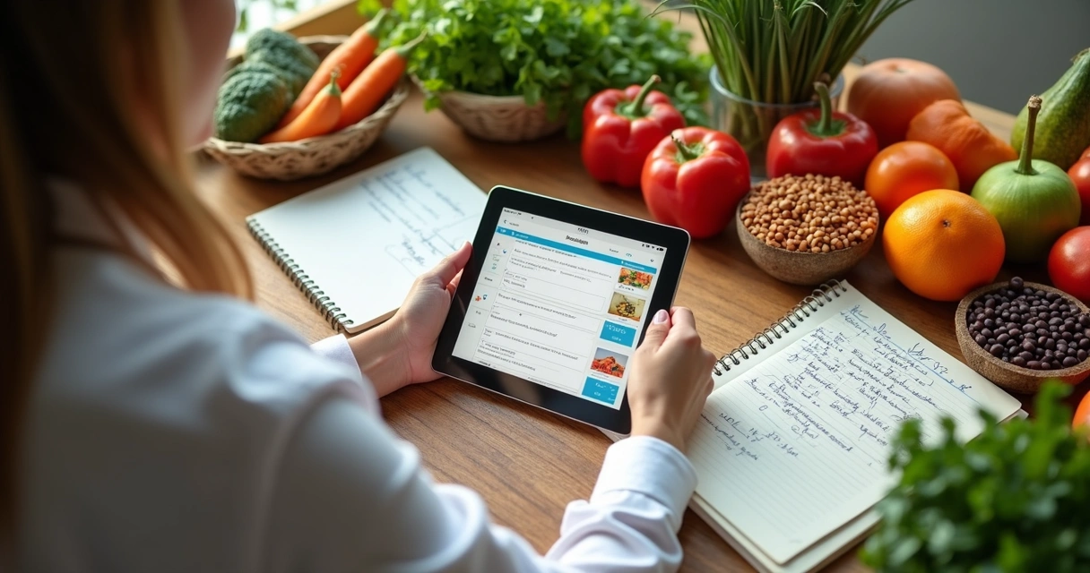 Nutricionista criando plano alimentar com tablet e blocos de notas. 