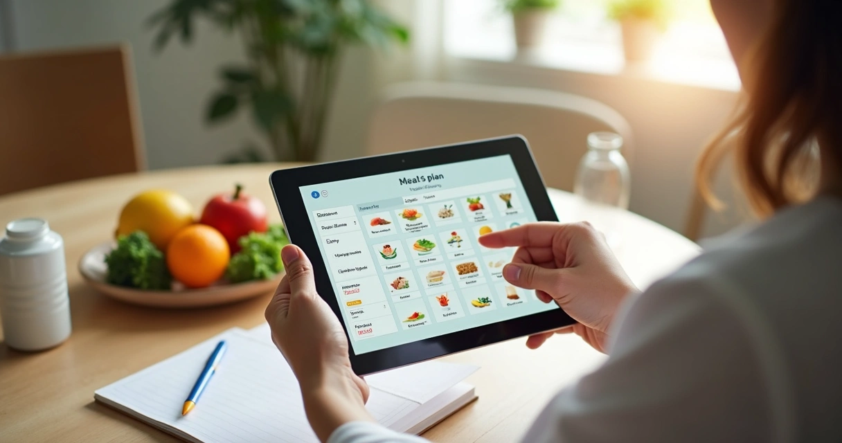 Plano alimentar personalizado apresentado ao paciente em tablet 