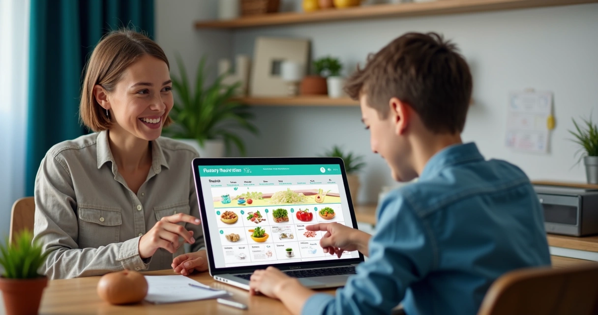 Plano alimentar digital sendo apresentado a adolescente