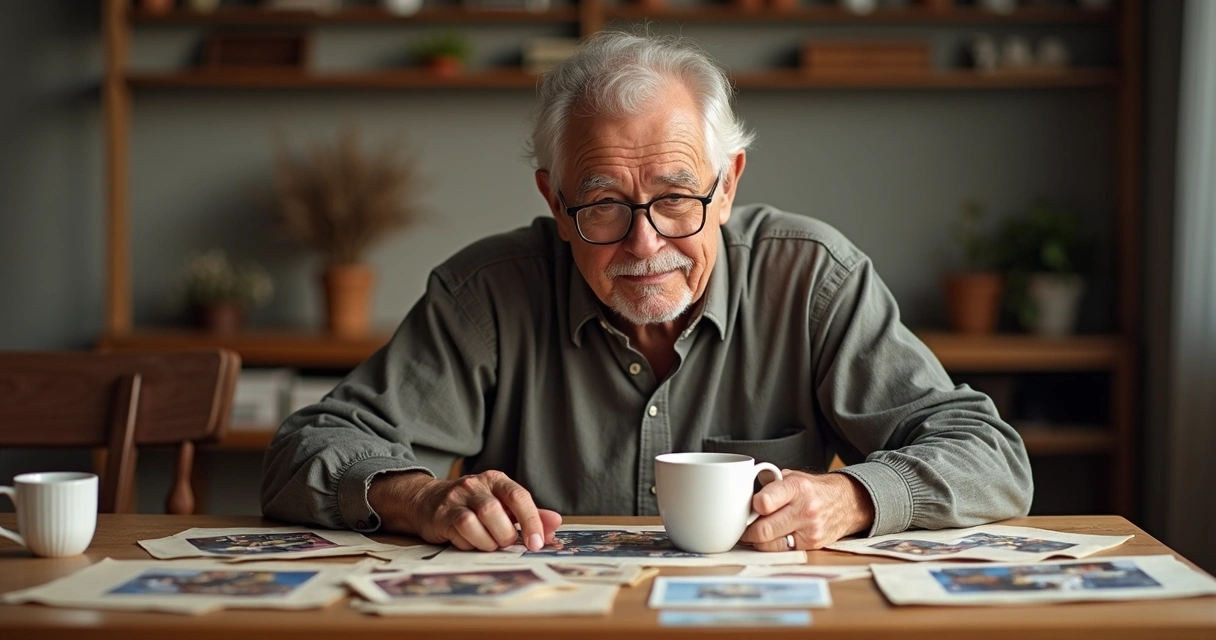 Idoso planejando sua aposentadoria com felicidade e fotos de família