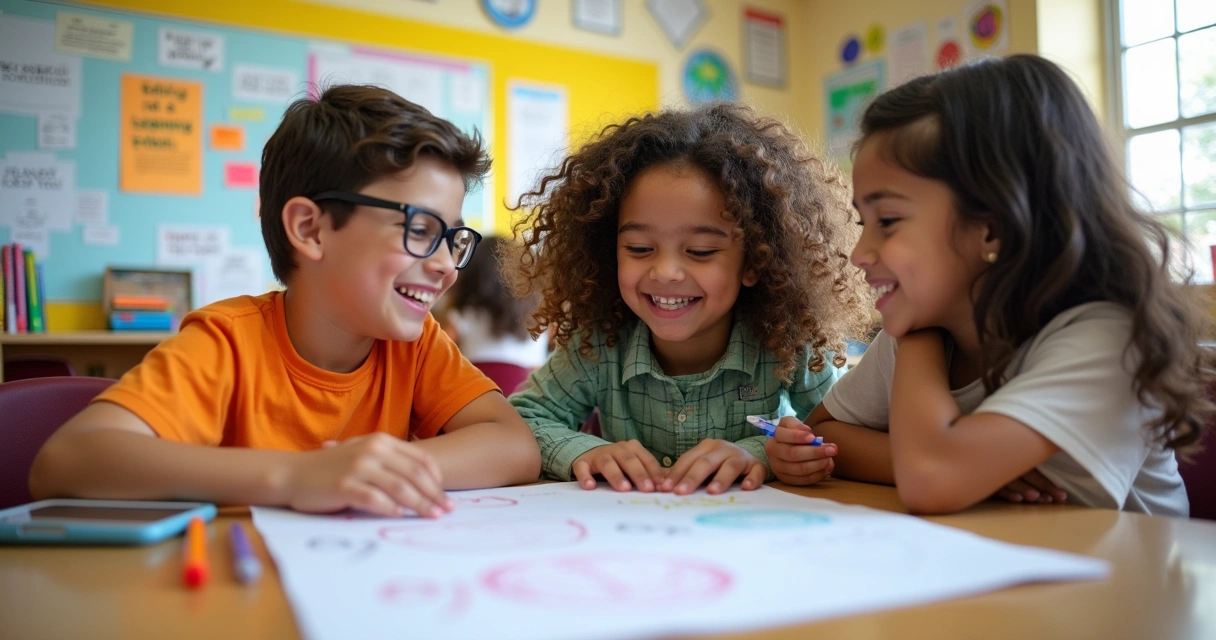 Cena de uma sala de aula colorida com alunos discutindo planos de aprendizado personalizados.
