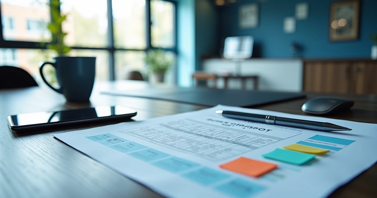 Mesa de escritório com contratos de assinatura e computador 