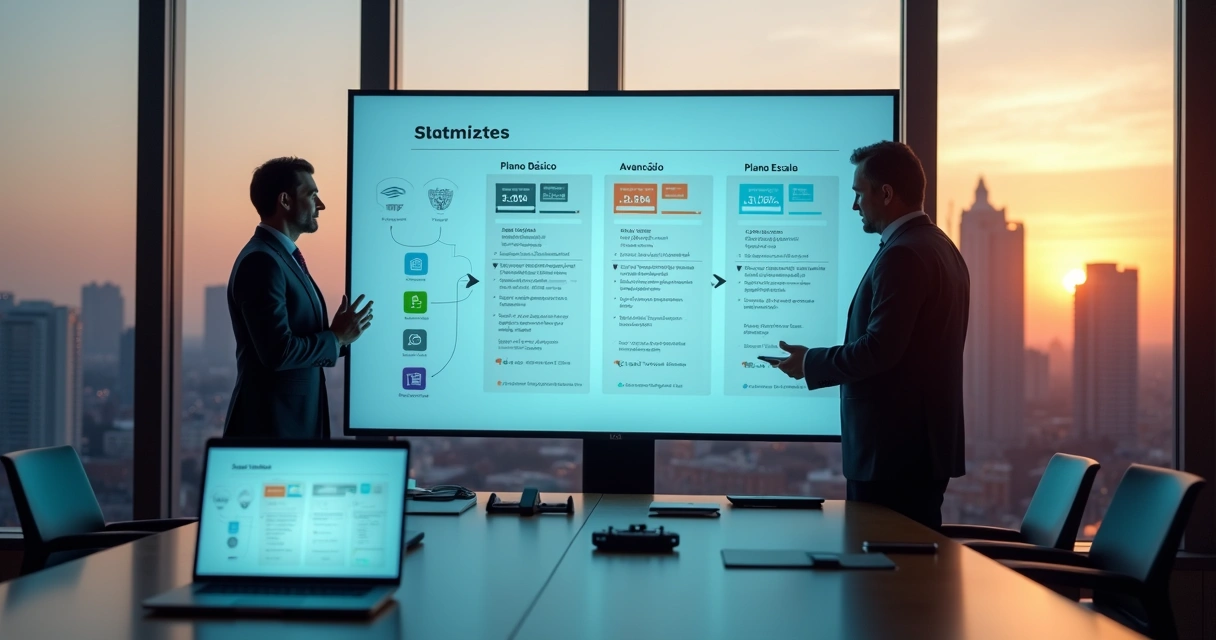 Gestor analisa opções de plano de automação em painel com gráficos e fluxos digitais 