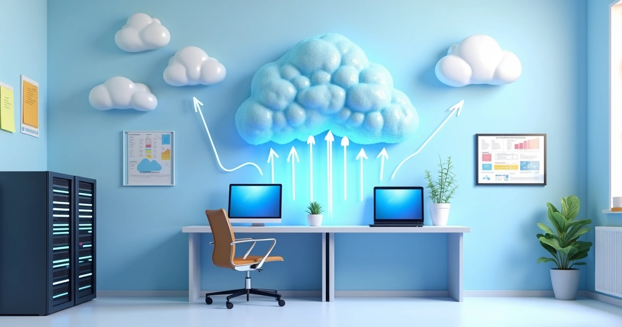 Ambiente de TI com servidores e dados flutuando para a nuvem, simbolizando backup online 