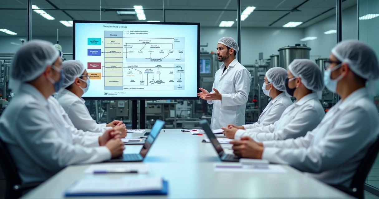 Equipe de fábrica de alimentos em treinamento com tela exibindo fluxograma do APPCC 