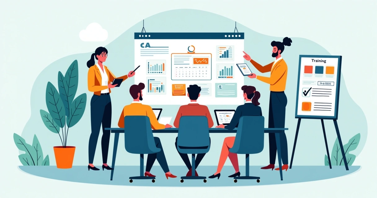 Equipe de RH planejando capacitação digital anual em ambiente corporativo moderno 