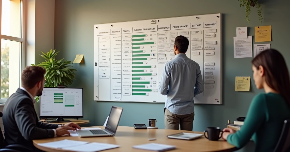 Gestor de PME ajustando quadro de faixas salariais e cargos em escritório simples 