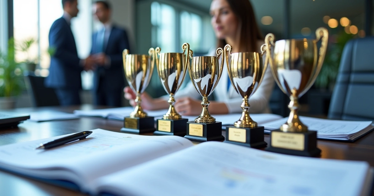 Troféus personalizados alinhados ao lado de documentação de plano de cargos 