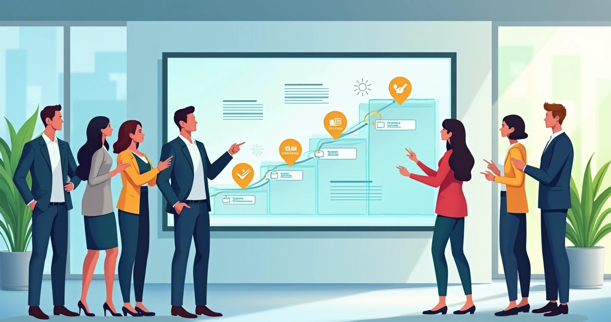 Colaboradores olhando trilha de carreira com certificados em painel digital