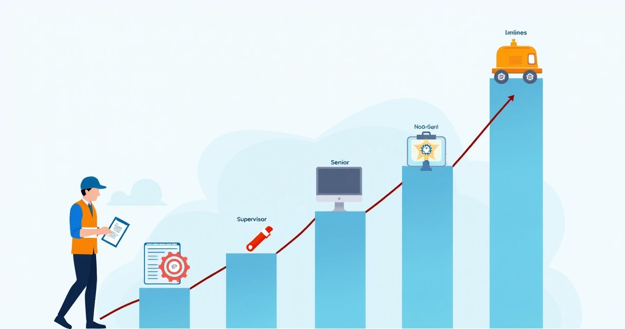 Linha do tempo de carreira técnica em manutenção com diferentes cargos e ícones