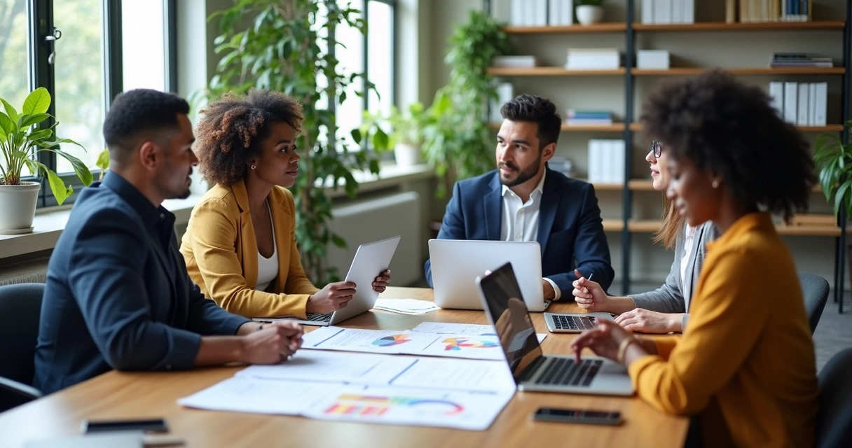 Reunião de gestores em pequena empresa discutindo plano de carreira com gráficos e laptops 