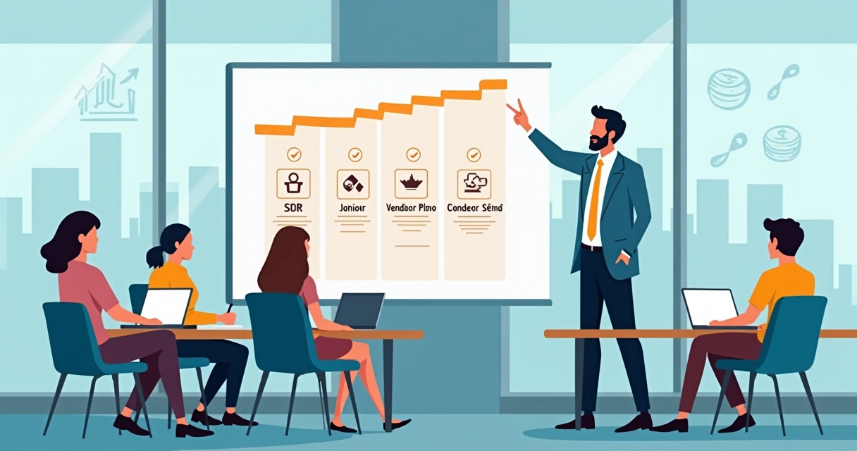 Gestor comercial apresentando plano de carreira em quadro para equipe de vendas 