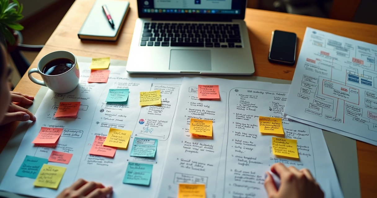 Mesa com anotações sobre planejamento de infoproduto 