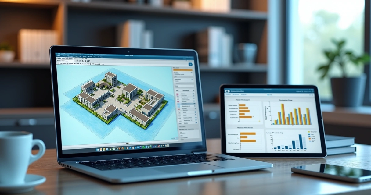 Computador e tablet mostrando gráficos e mapas digitais em ambiente de trabalho moderno, focando planejamento estratégico para hotéis 