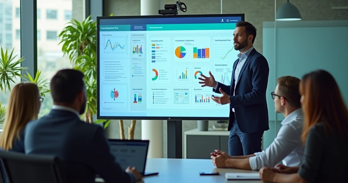 Gerente mostrando plano de contingência em apresentação com infográficos na tela 